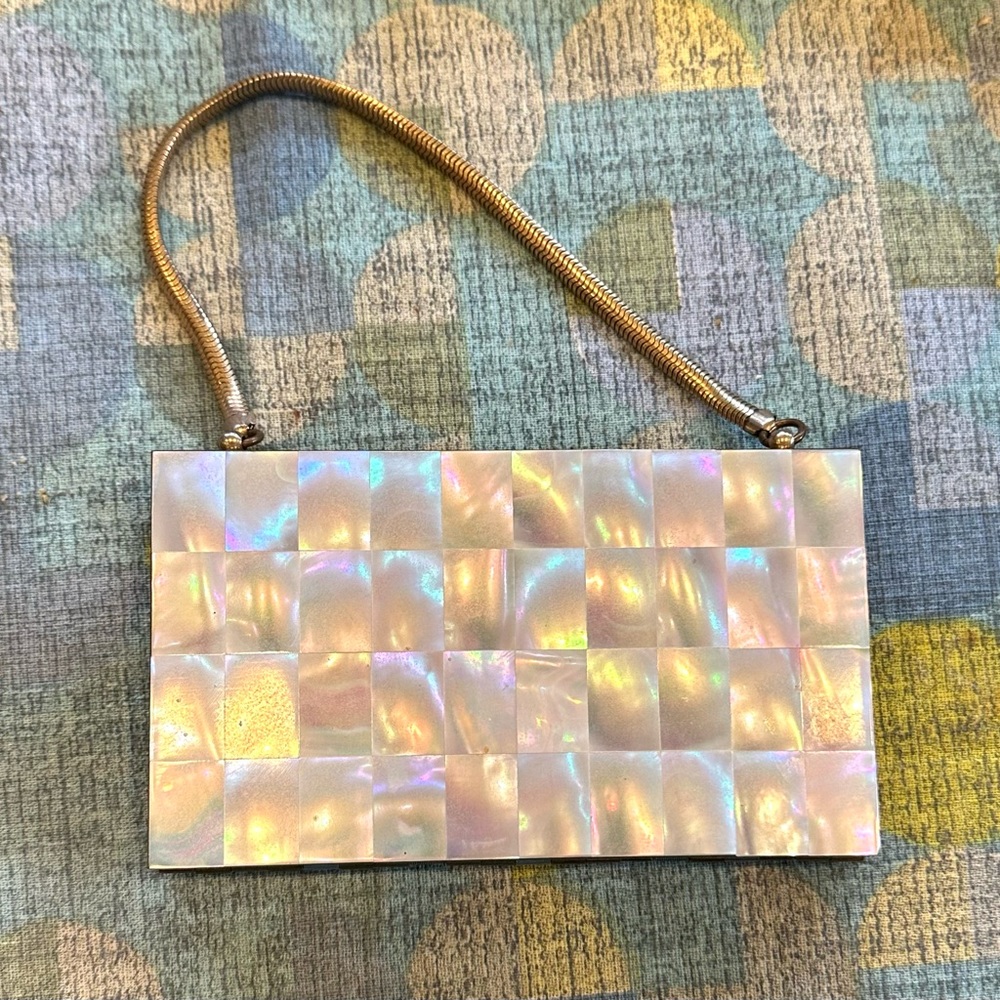 Vintage 1950s Evening Bag Mother of Pearl Minaudiere Deco Small Formal Clutch